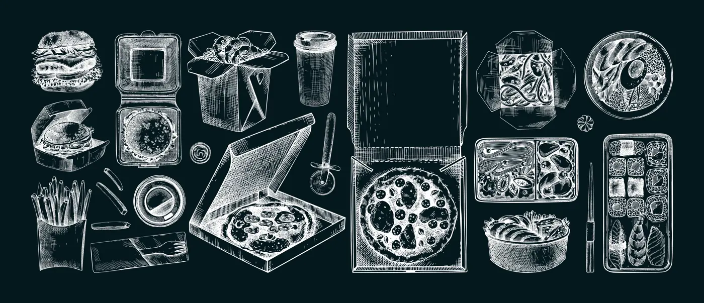 Fast food sketches set. Hand-drawn vector illustration of burger, pizza, poke, sushi, noodles. Cardboard boxes, bags for takeaway food, paper, plastic containers for food delivery. On chalkboard Illustration